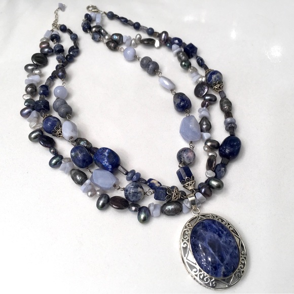 Sterling Silver Beautiful!!! 925 Blue Sodalite Agate Keshi Pearls - Picture 1 of 14